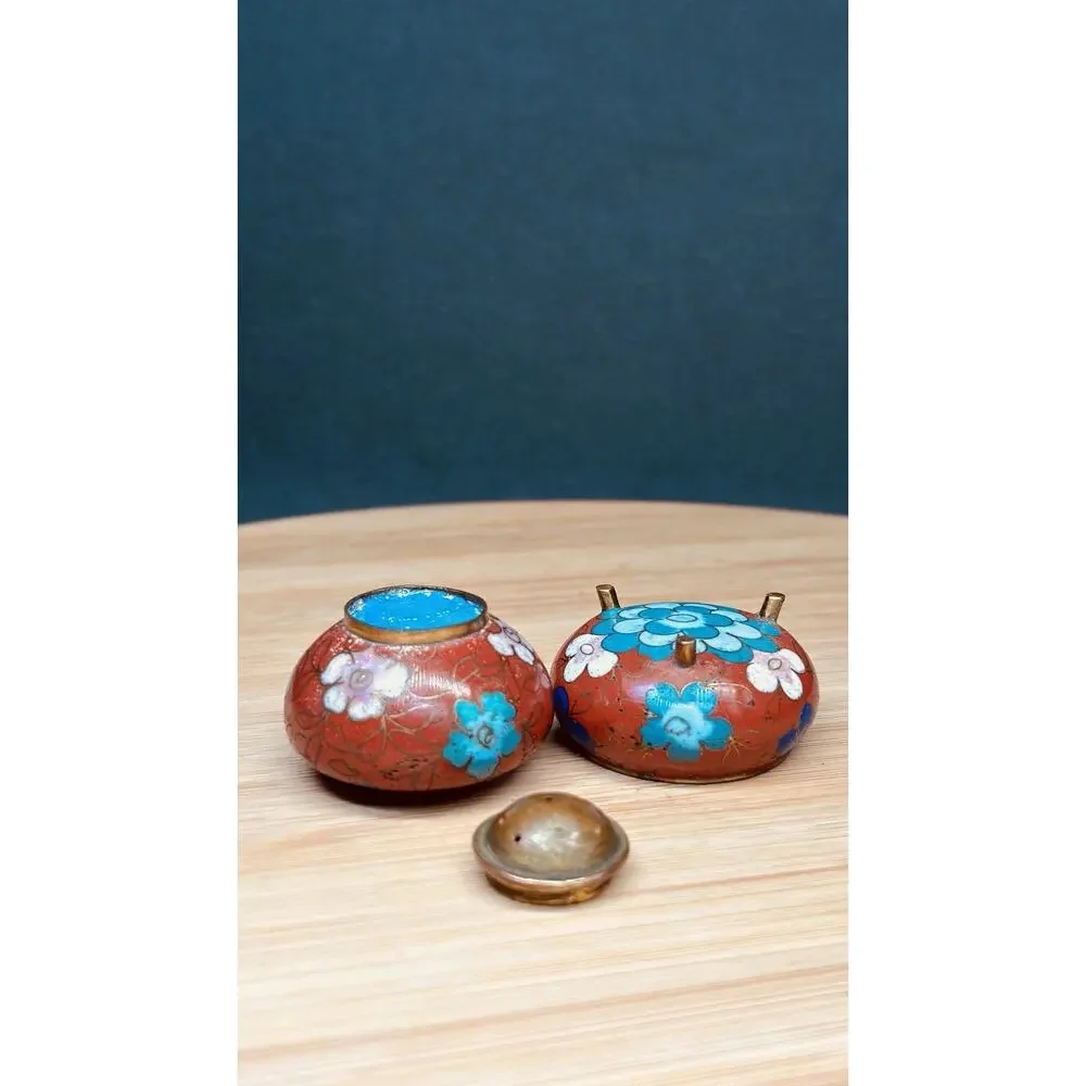 Vintage Chinese Cloisonné Salt Dip & Pepper Shaker Combination Floral Enamel